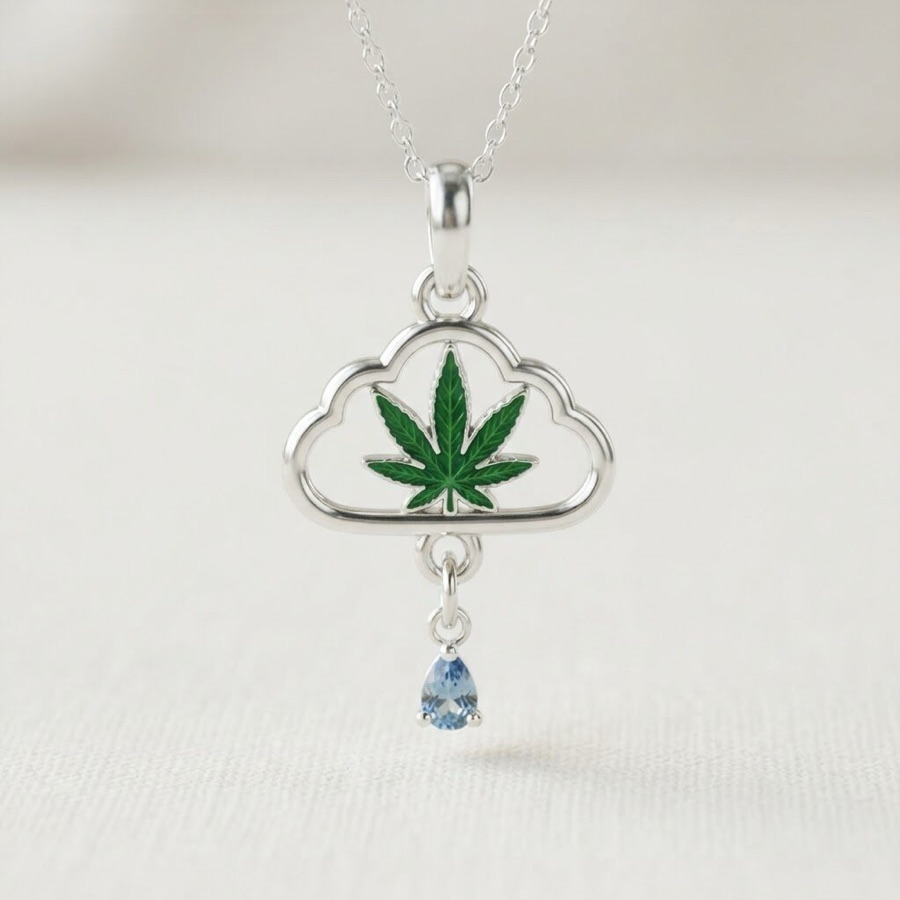 Cloud charm — silver cloud outline with a green leaf inside and a light-blue drop stone
