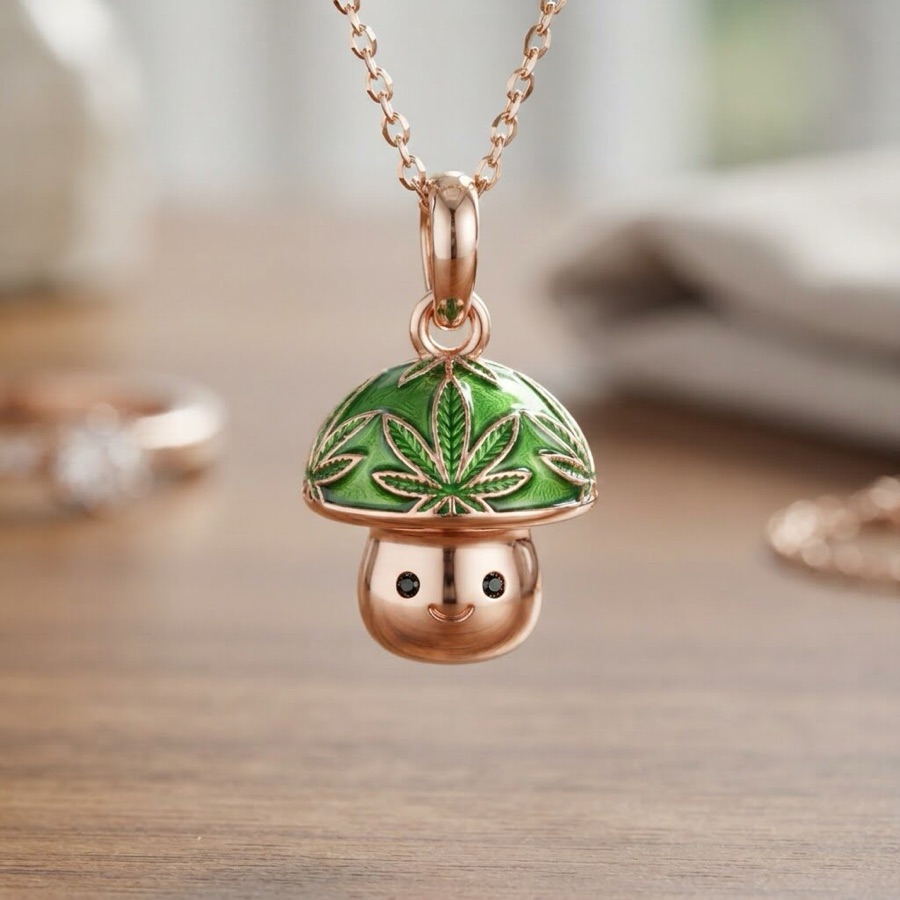 Mushroom charm — rose gold mushroom with green enamel leaf cap and a smiley face
