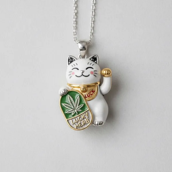 Lucky cat charm — white enamel maneki-neko waving beside a Lucky Herb sign