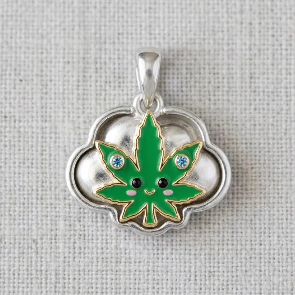 Green enamel leaf with blue crystals floating on a silver cloud